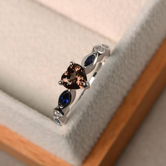 Engagement Rings, Natural Smoky Quartz Rings,heart Cut Rings, Brown Gemstone, Silver Rings