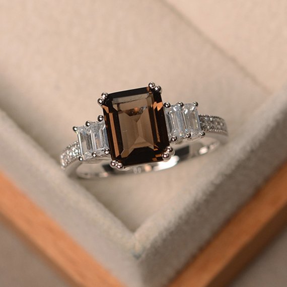 Natural Smoky Quartz Ring, Emerald Cut Engagement Ring, Gemstone Ring Silver, Promise Ring