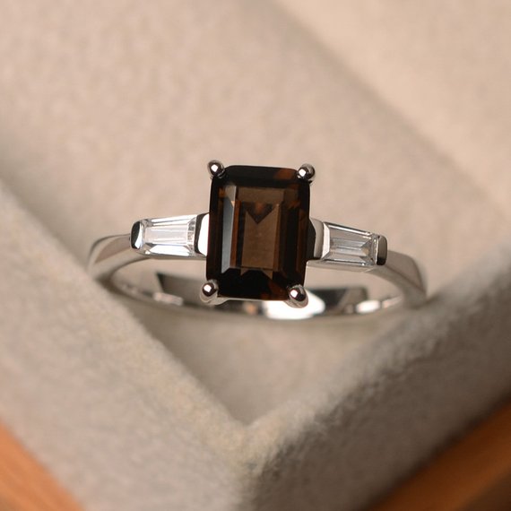 Natural Smoky Quartz Emerald Cut Ring,brown Gemstone Ring, Sterling Silver, Three Stone Rings,brown Ring
