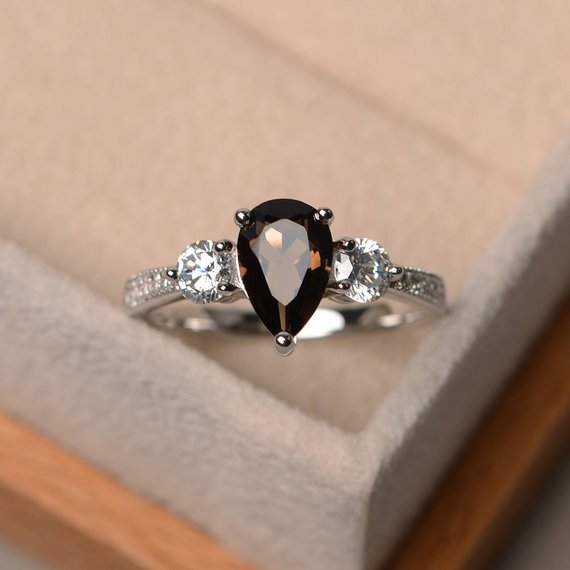 Natural Smoky Quartz Ring, Promise Ring, Pear Cut Gemstone, Sterling Silver Ring, Brown Gemstone Ring