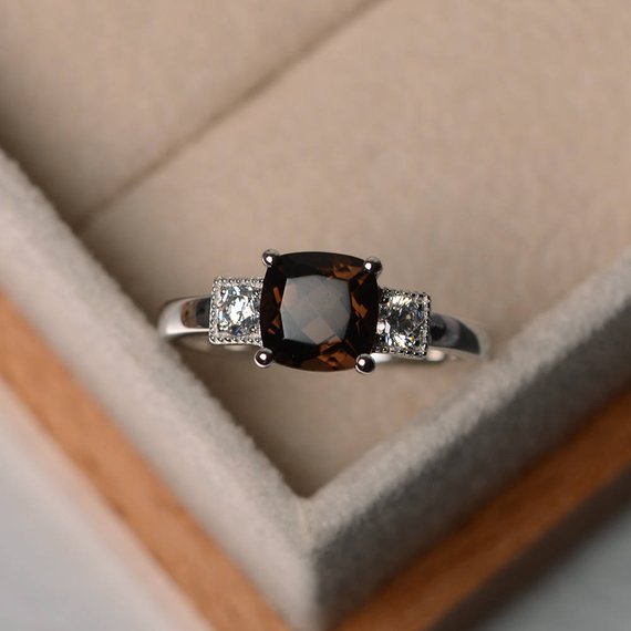Natural Smoky Quartz Ring,cushion Cut,engagement Ring ,real Gemstone Ring,sterling Silver Ring