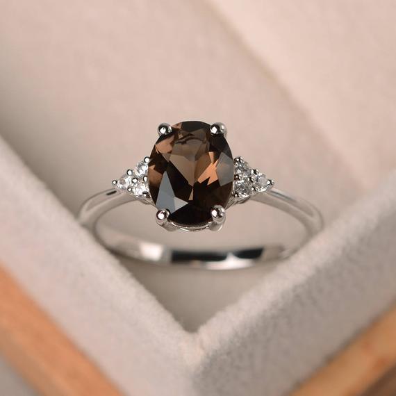 Oval Smoky Quartz Ring, 14k White Gold , Oval Shaped Engagement Ring, Brown Gemstone
