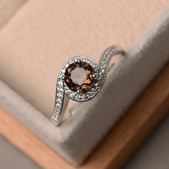 Real Natural Smoky Quartz Ring, Promise Ring, Round Cut Gemstone, Sterling Silver Ring, Brown Gemstone Ring