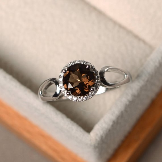 Wedding Rings, Natural Smoky Quartz Rings, Round Cut Rings, Silver Rings, Halo Rings,unique Rings