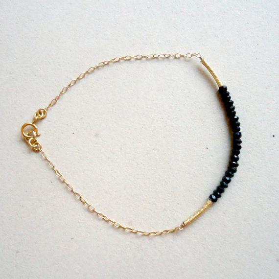 Black Spinel Bracelet Gold Chain Bead Bar Thin Chain Skinny Bracelet Black And Gold Tbm