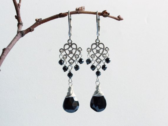 Black Spinel Sterling Silver Earrings Natural Black Gemstone Filigree Boho Luxe Dangle Drop Chandeliers Mothers Day Gift For Her Women 5161
