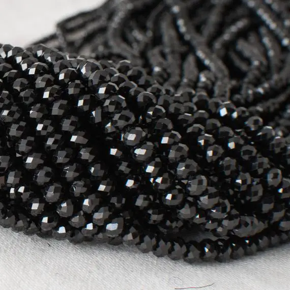 Natural Black Spinel Semi-precious Gemstone Faceted Rondelle Spacer Beads - 2mm, 2.5mm, 4mm, 6mm, 8mm Sizes 15" Strand