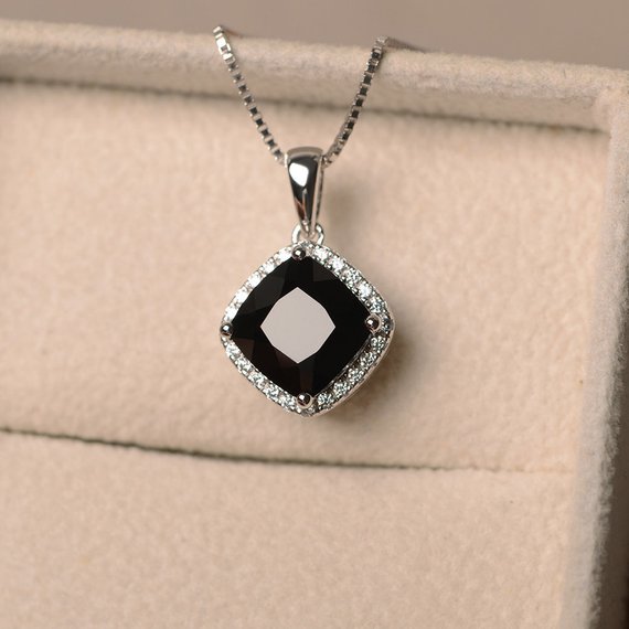 Black Spinel Pendent, Black Spinel Necklace, Cushion Cut, Sterling Silver, Halo, Black Spinel Jewelry, Anniversary Gift