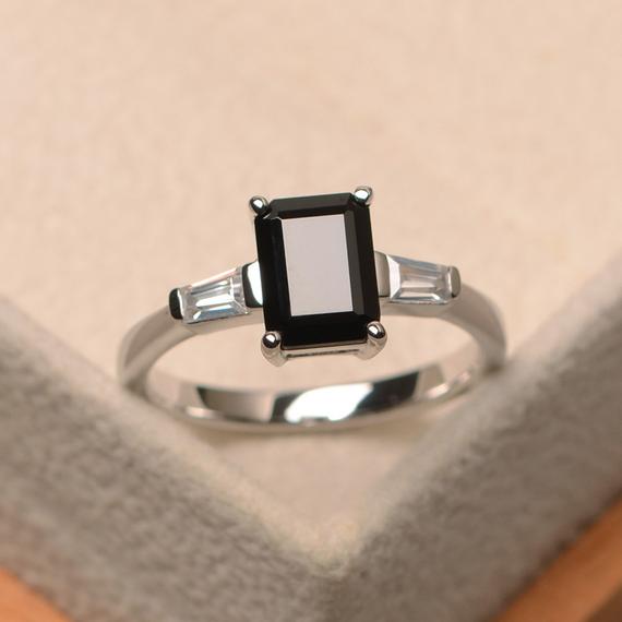 Anniversary Ring, Natural Black Spinel Ring, Emerald Cut Black Gemstone, Rectangle Ring,three Stones Ring