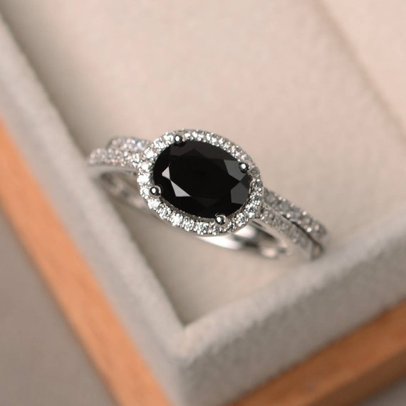 Anniversary Ring, Natural Black Spinel Ring, Oval Cut Gems, Black Gemstone, Sterling Silver Ring, Bridal Sets