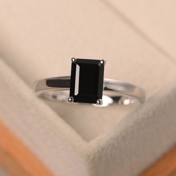 Black Spinel Ring, Emerald Cut Solitaire Ring, Sterling Silver Ring, Black Gemstone Ring, Anniversary Ring