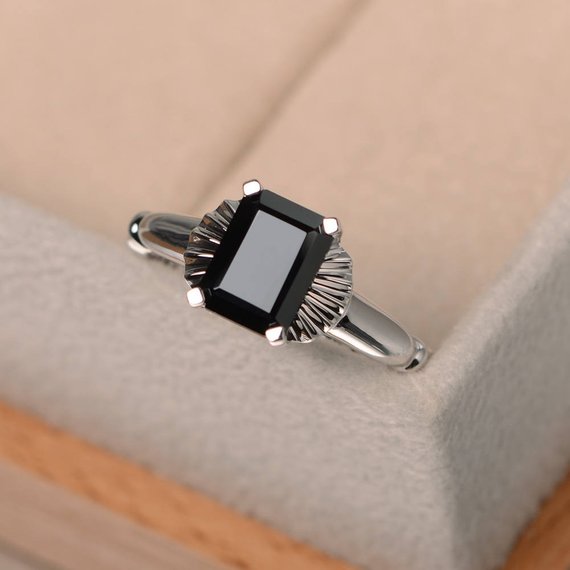 Black Gemstone Ring,natural Black Spinel Ring,cocktail Ring,silver Ring,emerald Cut,solitaire Ring