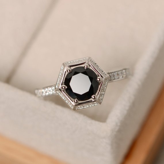 Black Gemstone Ring, Black Spinel Ring, Sterling Silver, Engagement Ring