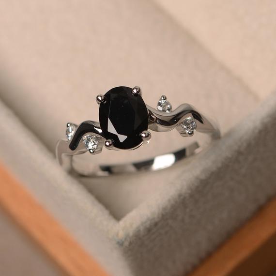 Black Spinel Ring, Oval Cut, Sterling Silver Rings, Promise Ring