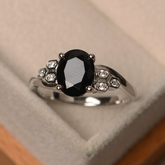 Black Spinel Ring, Oval Cut, Sterling Silver Rings, Promise Ring