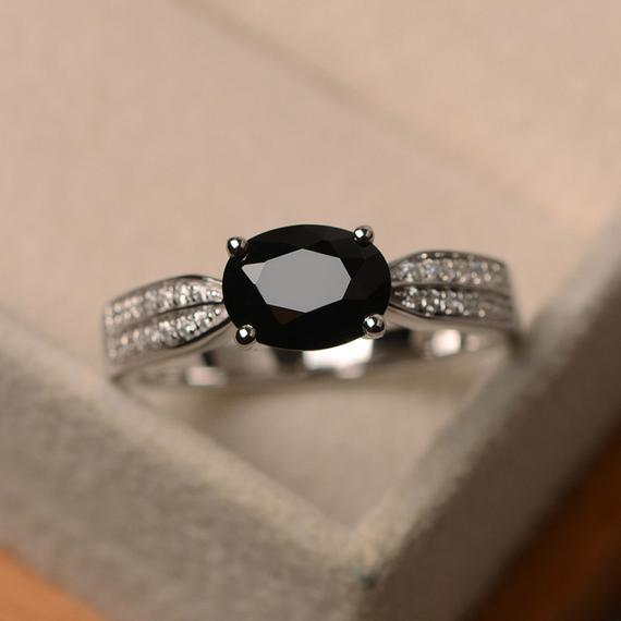 Black Spinel Ring, Oval Shape Black Gemstone Ring, Engagement Ring For Her
