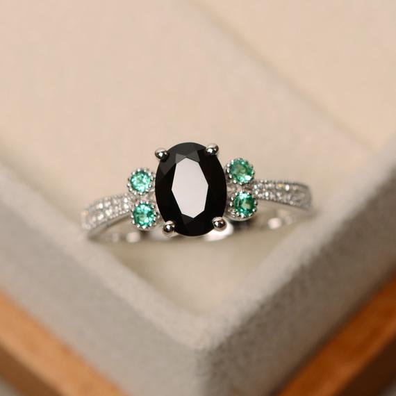 Black Spinel Ring, Black Ring, Silver, Oval Cut Spinel Ring