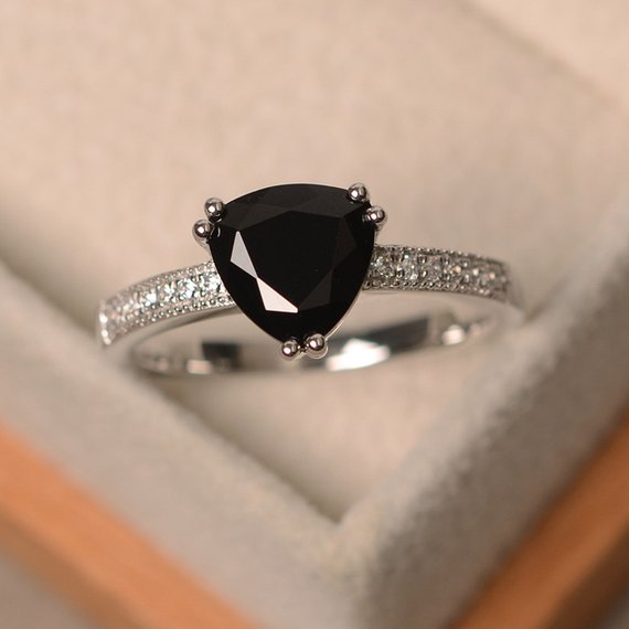 Black Spinel Ring, Trillion Cut Black Rings, Gemstone Ring Black, Sterling Silver Ring, Promise Ring