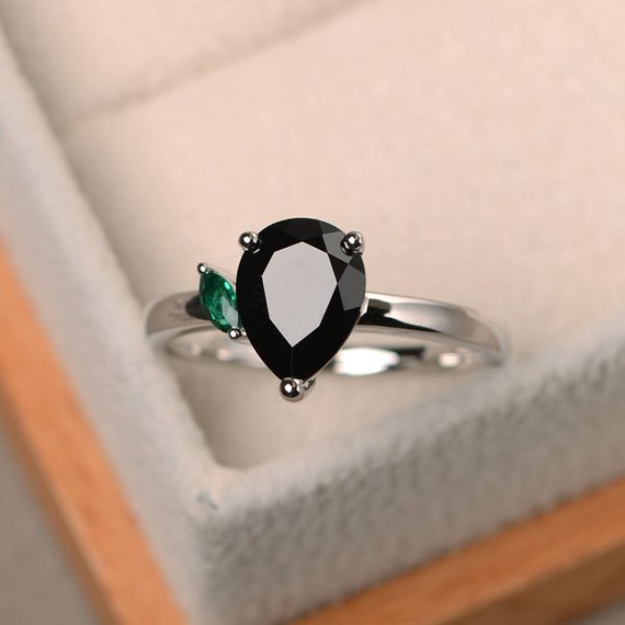 Cocktail Party Ring, Natural Black Spinel Ring, Pear Cut Gemstone, Black Gemstone, Sterling Silver Ring