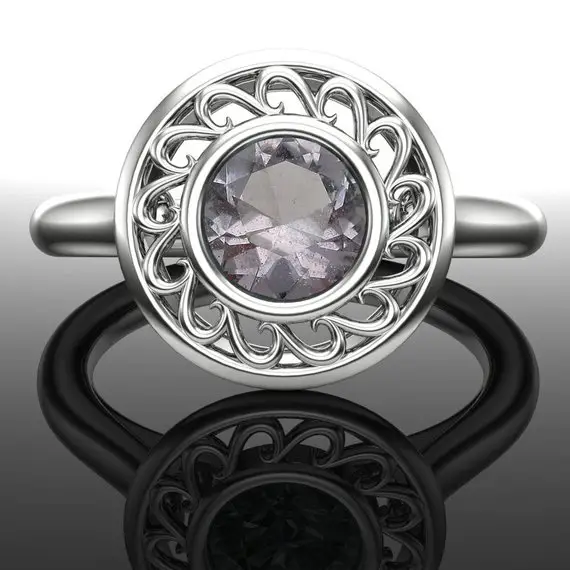 Gray Spinel Ring With Swirl Halo; Genuine Round Spinel, Solid 14k Rose, White, Or Yellow Real Gold Gemstone Solitaire