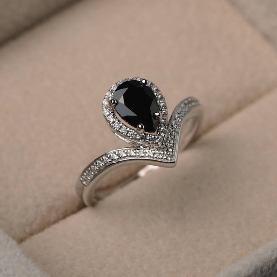 Natural Black Spinel Ring, Pear Cut Gemstone, Sterling Silver, Engagement Ring, Black Gemstone, Bridal Ring