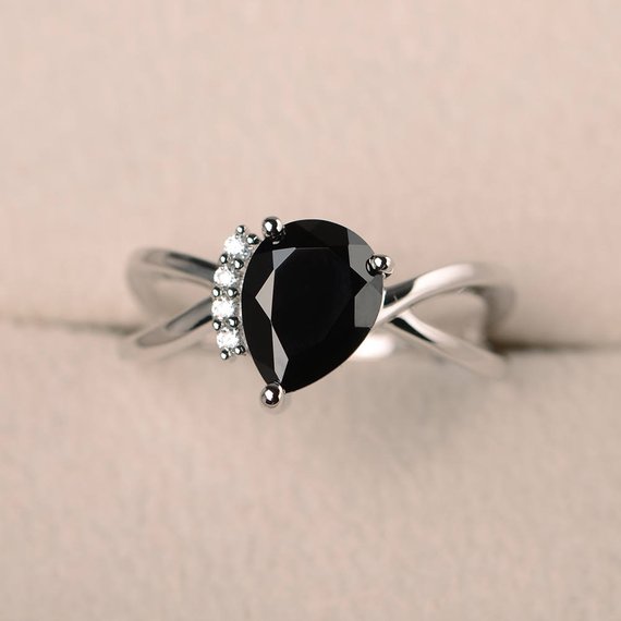 Natural Black Spinel Ring, Promise Ring, Pear Cut Ring, Black Gemstone, Solid Sterling Silver Ring