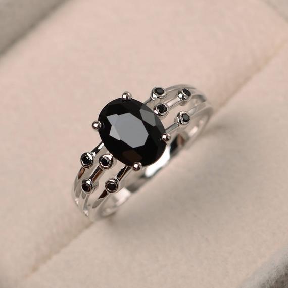 Natural  Black Spinel Ring, Promise Ring, Oval Cut Black Gemstone, Sterling Silver Ring