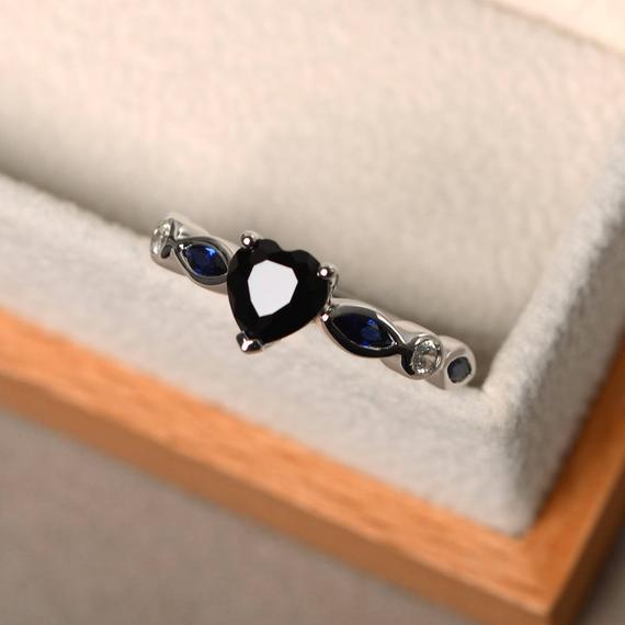 Promise Rings Natural Black Spinel Rings Oval Cut Black Gemstone Solid Silver Rings Blue Sapphire Accents