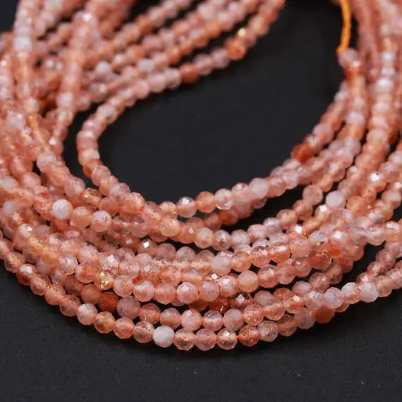 Faceted Natural Sunstone Round Beads 2mm 3mm 4mm 5mm Sparkling Micro Diamond Cut Gemstone 15.5" Strand