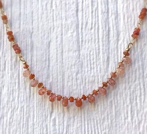 Orange Necklace - Sunstone Gemstone Jewelry - Gold Jewellery - Wire Wrapped - Luxe - Statement