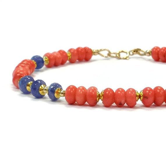 Coral & Tanzanite Bracelet - Beaded Jewelry - Salmon - Pink - Purple - Spring Fashion Jewellery - Gemstone - Gold B-174