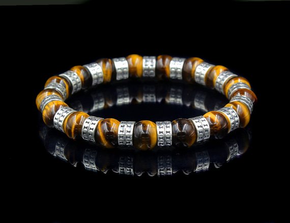 Tiger's Eye And Sterling Silver Bracelet, Men's Bracelet, Sterling Silver Beads Bracelet, Bead Bracelet Men, Tiger's Eye Bracelet Men