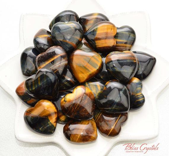 1 Blue Gold Tiger's Eye Puffy Heart Size Large Prosperity Power Courage #th02