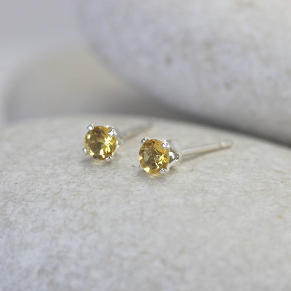 Tiny Yellow Sapphire Earrings With Sterling Silver Posts, Second Hole Stud Earrings