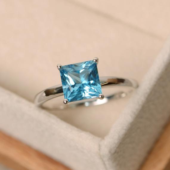 Swiss Blue Topaz Ring, Princess Cut Ring, Blue Topaz, Gemstone Ring Sterling Silver