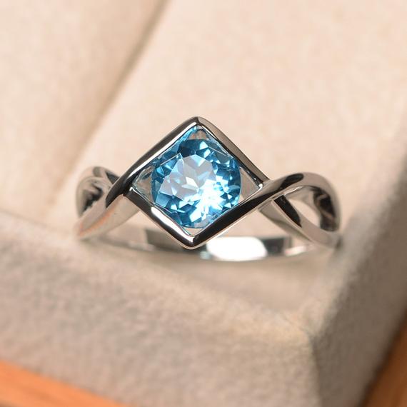 Genuine Swiss Blue Topaz Rings, Round Cut Solitaire Rings, Sterling Silver Rings, Engagement Rings