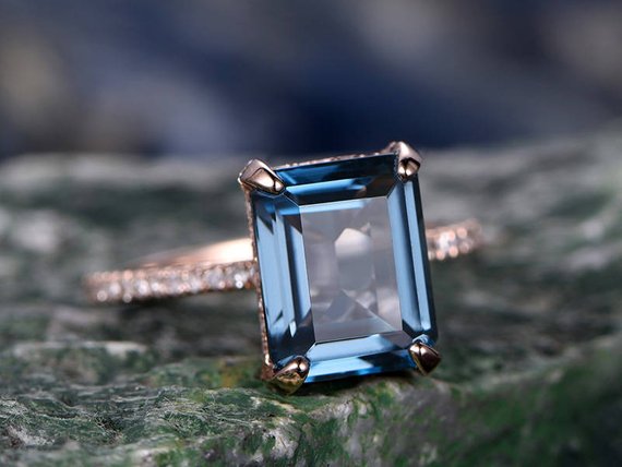 Vintage Unique Engagement Ring Under Halo Basket Diamond Ring Emerald Cut London Blue Topaz Engagement Ring 14k Rose Gold Topaz Ring Gold
