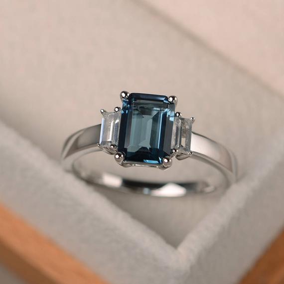 London Blue Topaz Ring, Promise Ring, Emerald Cut Blue Gemstone, Sterling Silver Ring