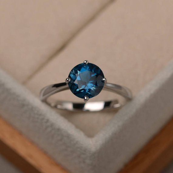 London Blue Topaz Ring, Solitaire Ring, Sterling Silver, Round Cut
