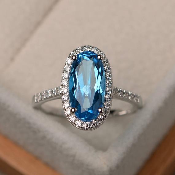 Swiss Blue Topaz Ring, Wedding Ring, Oval Cut Gems, Halo Ring, Gemstone Ring, Sterling Silver Ring