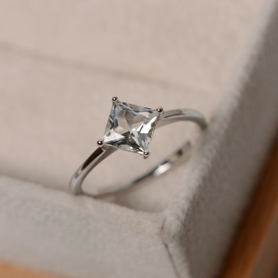 White Topaz Ring, Princess Cut, Solitaire Ring, Sterling Silver, Promise Ring