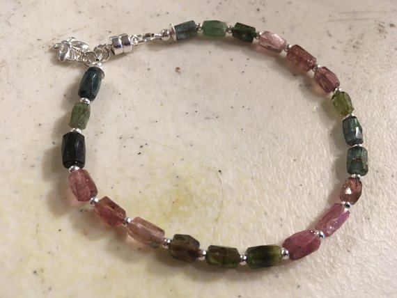 Watermelon Tourmaline Bracelet - Pink Green Sterling Silver Jewelry - Gemstone Jewellery - Beaded - Fashion - Luxe - Butterfly Charm