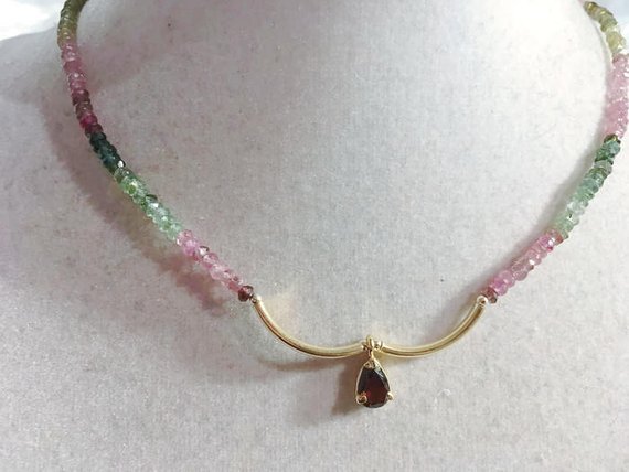 Watermelon Tourmaline Necklace - Green Pink Gemstone Jewelry - Sterling Silvergold Jewellery - Luxe - Chic