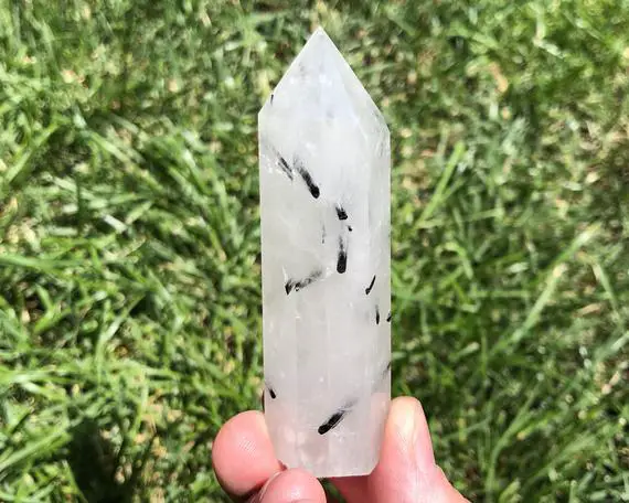 3.2" Tourmalinated Quartz Tower, Black Tourmaline In Quartz Point, Self Standing, Crystal Towers, Home Decor, For Grounding, Protection #2
