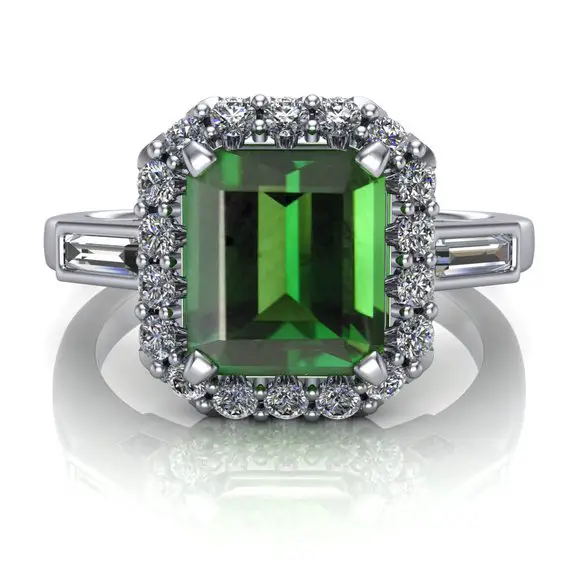 Green Tourmaline Ring With Diamond Halo, Emerald Cut | Usa Custom Made | "rhiannon"