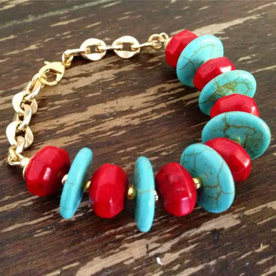 Turquoise And Red Bracelet - Gold Jewelry - Gemstone Jewellery - Chain - Chunky - Fashion - Beaded