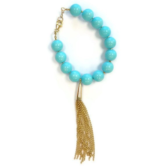 Turquoise Bracelet Gold Tassel Designer Inspired Jewelry Long Chain 14k Yellow Gold Jewellery Teal Aqua Summer Fashion B-170