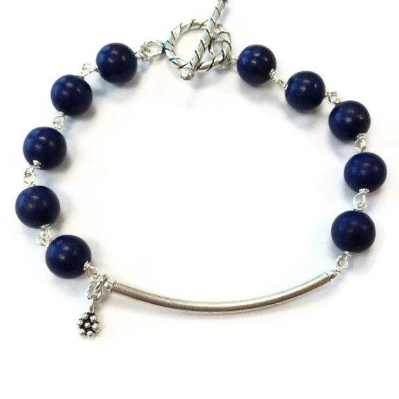 Navy Blue Bracelet - Turquoise Jewellery - Sterling Silver Jewelry - Gemstone - Layer - Stack - Flower Charm B-tbm