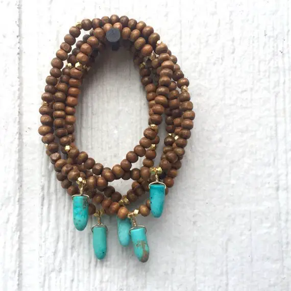 Wood Bracelet - Turquoise Charm - Gold Jewellery - Beaded - Natural Jewelry