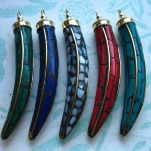 Clearance..HORN Tusk Spike Pendant Charm Earrings, Gold Cap, 2 in, Mosaic Tibetan Horn turquoise white green blue ap100.10 mh40